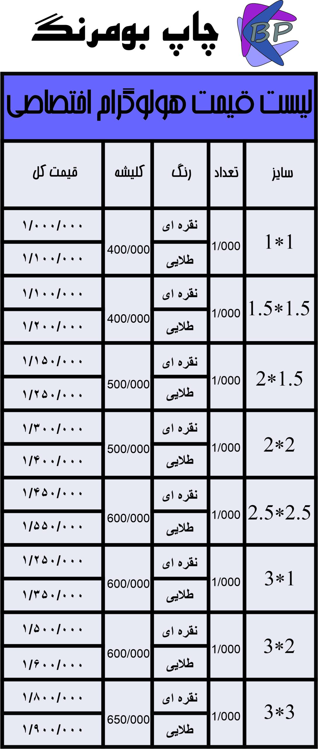 لیست قیمت هولوگرام اختصاصی